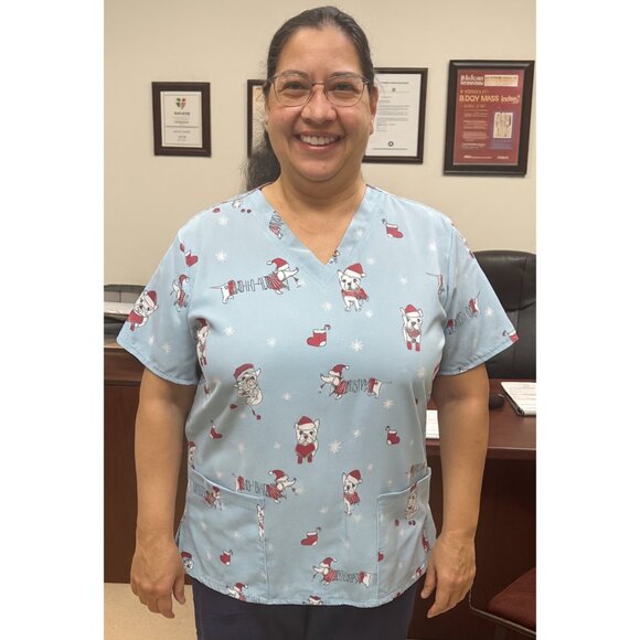 Scrubaid Women's Scrub Top  Blue Shirt French Bulldog  Xmas Theme Size Large - Picture 1 of 5